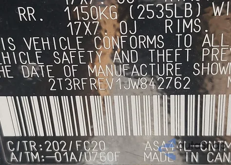 2018 Toyota Rav4 Xle from USA, damaged, VIN 2T3RFREV1JW842762